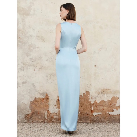 Commense Light Blue Sleeveless Formal Dress‎ Scalloped V Neck Slit Occasion XS - Picture 4 of 14